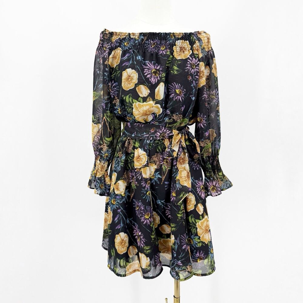 Few Moda Fit &‎ Flare Dress 8 Floral Off Shoulder Smocked Waist Belted Romantic